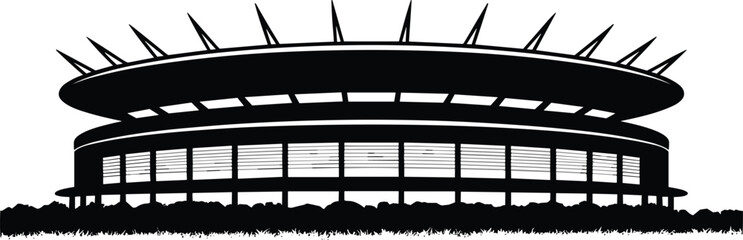 Black and white stadium silhouette, modern sports arena illustration, architectural landmark design, circular roof structure, vector art, isolated on white background © Titan