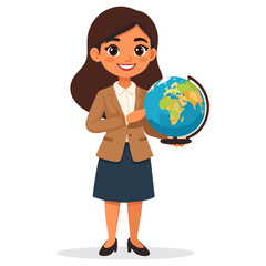 Cartoon woman holding a globe, wearing a blazer and skirt.