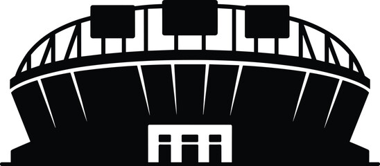 Black and white stadium silhouette, modern sports arena illustration, architectural landmark, vector art, isolated minimal style, exterior view with billboard screens, event venue © Titan