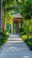Serene tropical entrance with lush greenery and modern architecture