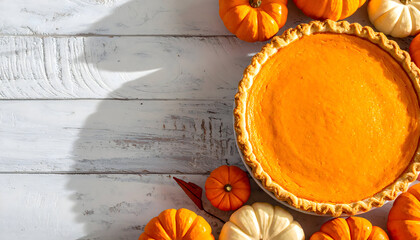 A whole pumpkin pie and mini pumpkins on a rustic white wooden table, perfect for thanksgiving or fall celebration