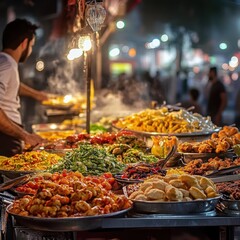Vibrant street food vendor offering a flavorful culinary experience at night