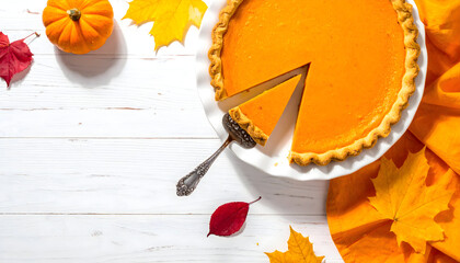A slice of pumpkin pie is being served from a whole pie surrounded by autumn leaves on a white wooden surface