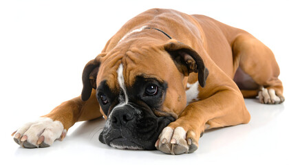 A boxer dog lies down on a white background, looking tired with its head resting on the floor