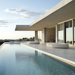 Modern villa with infinity pool overlooking the sea and minimalist design