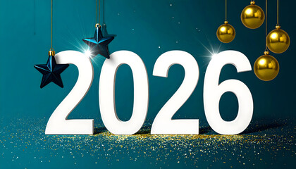 The year 2026 is displayed in large white numbers with festive gold star and ball ornaments
