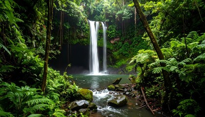 Waterfall in Lush Green Jungle