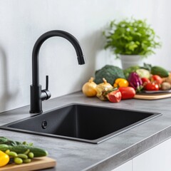 Contemporary kitchen scene featuring black faucet and fresh vegetables