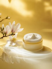 Luxury skincare cream with magnolia blossom against golden backdrop