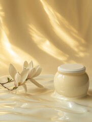 Elegant beauty product display with magnolia flower and soft lighting