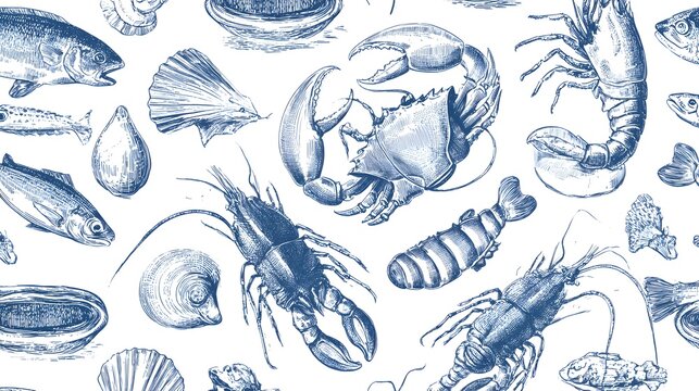 A seamless pattern featuring various seafood illustrations including fish, crabs, lobsters, and shellfish in a blue and white color scheme
