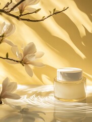 Magnolia bloom beside skincare product presentation on sunlit surface