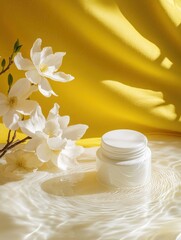 Serene beauty, cosmetic jar, magnolia bloom in rippling water against sunshine