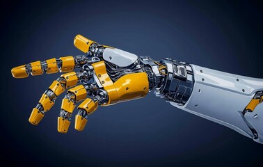 Intricate robot arm rendering set against a contemporary digital background.