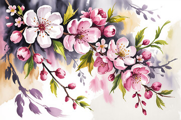 Delicate watercolor painting of blooming pink cherry blossoms on branches
