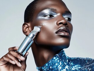 Glamorous application of silver glitter makeup on a striking model