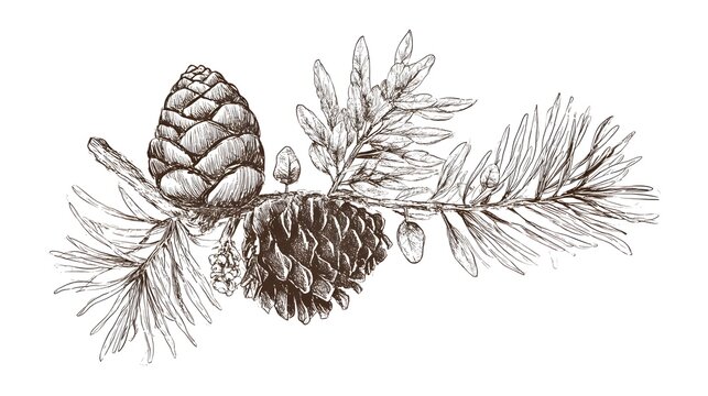 Detailed illustration of pine cones and pine branch with needles
