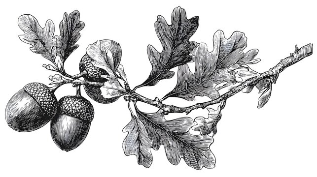 A detailed black and white illustration of an oak branch with leaves and acorns