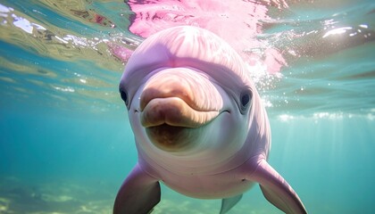 Up-close and curious dolphin swims to the camera underwater in clear turquoise ocean
