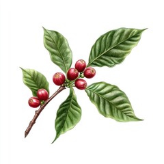 Botanical illustration of coffee branch with vibrant red berries and leaves