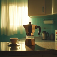 Morning brew, Moka pot and cup in sunlit vintage kitchen setting