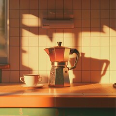 Sunlit morning ritual, coffee maker and cup evoke warmth and nostalgia