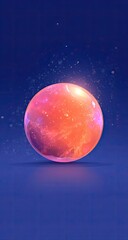 Glowing orb, pink and orange hues, rests on a dark blue surface, surrounded by sparkling dust