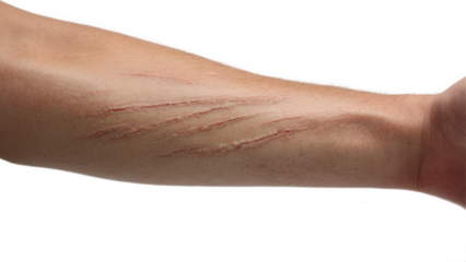 Injury recovery process arm with scars medical photography clinical environment close-up view healing concept