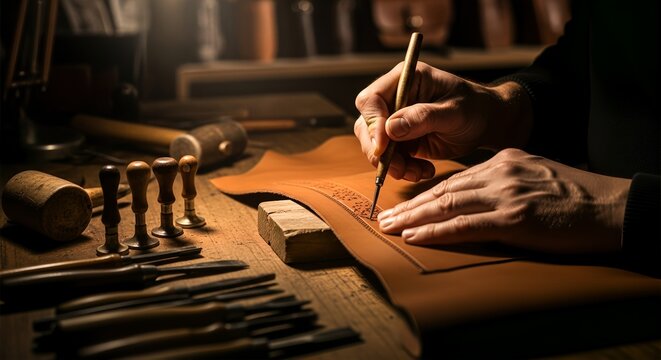 Close-up of Craftsman Hand Tooling Leather on Workbench