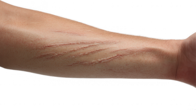 Injury recovery process arm with scars medical photography clinical environment close-up view healing concept