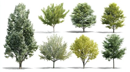 Collection of eight diverse green trees against a white background, with shadows