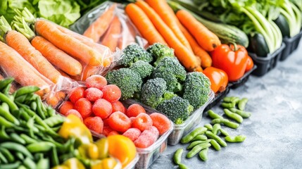 Plastic bags contain frozen broccoli florets, carrots, green beans, and vegetable peels, ideal for dinner preparation or meal prepping for events