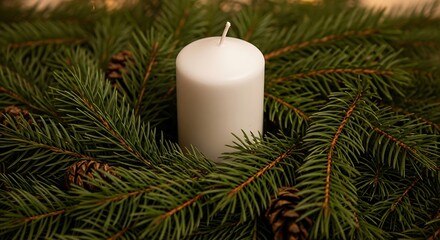 White candle surrounded by fresh green pine branches and small brown pine cones