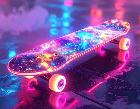 Futuristic Neon Skateboard in Cityscape