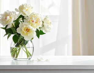 Elegant Still Life of White Peonies in Glass Vase on White Table Against Sheer Curtains with Natural Sunlight