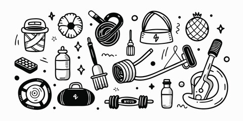 Fitness gym equipment collection hand drawn sketch style art elements for health and wellness
