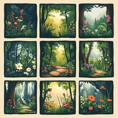 Collage of nine different forest scenes with flowers and sunlight filtering through trees