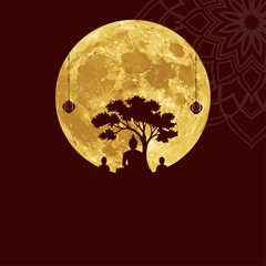 Vesak Full Moon Meditation Illustration with Buddha, Bodhi Tree and Lanterns - Happy Vesak Day