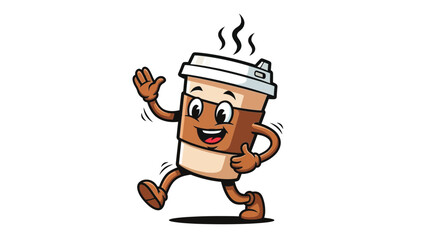 Joyful coffee cup character waving hello with steam rising, energetic and friendly mascot