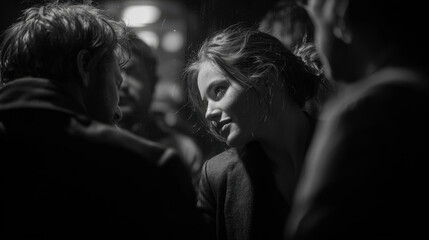 Intense conversation occurring in a bustling urban setting, featuring a woman engaging with a man in close proximity while surrounded by a diverse group of people.