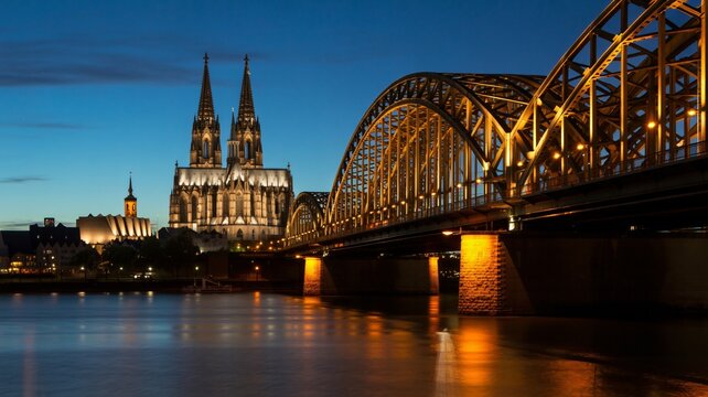 Iconic bridge and cathedral illuminated at dusk, reflecting on the river, creating a magical cityscape panorama.
