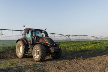 Fototapeta premium Tractor and agricultural watering pivot irrigation system on a corn field at sunset
