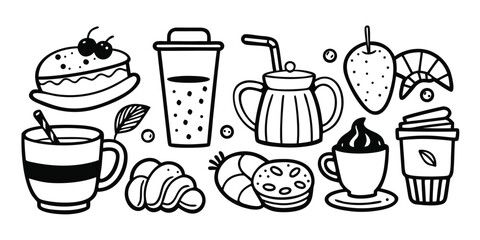 Obraz premium Hand drawn coffee drinks pastries and fruit sketch collection