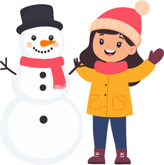 Smiling child with snowman in warm winter outfit, cheerful seasonal vector