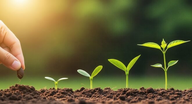 Hand planting a seed in fertile soil, showing the stages of plant growth and investment development concept in a sequence