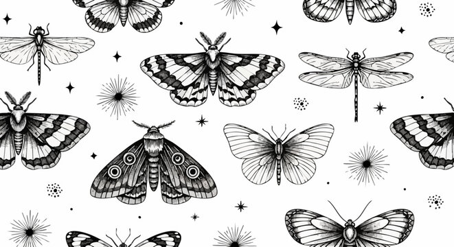 Elegant black and white moth and dragonfly seamless pattern with celestial stars and sunbursts