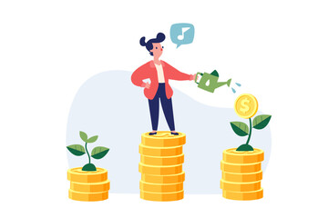 Obraz premium happy businesswoman watering small money plant on gold coins