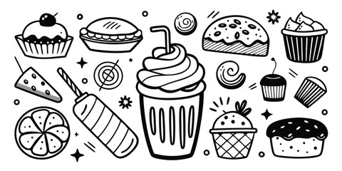 Hand-drawn delicious desserts and sweet treats collection delightful pastries cupcakes and drinks