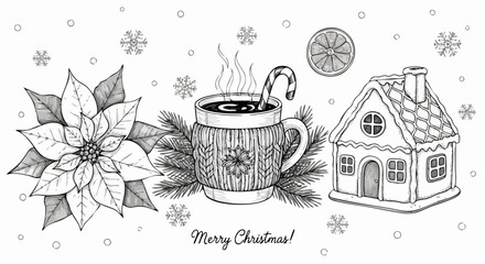 Cozy Christmas scene with hot cocoa, gingerbread house, poinsettia, and festive snowflakes