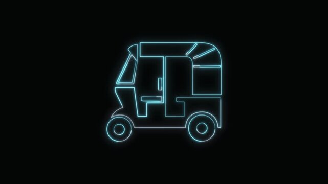 Auto Rickshaw Icon Neon Seamless Loop 4K with Black Background Animated Promotional Typography for Video Editing